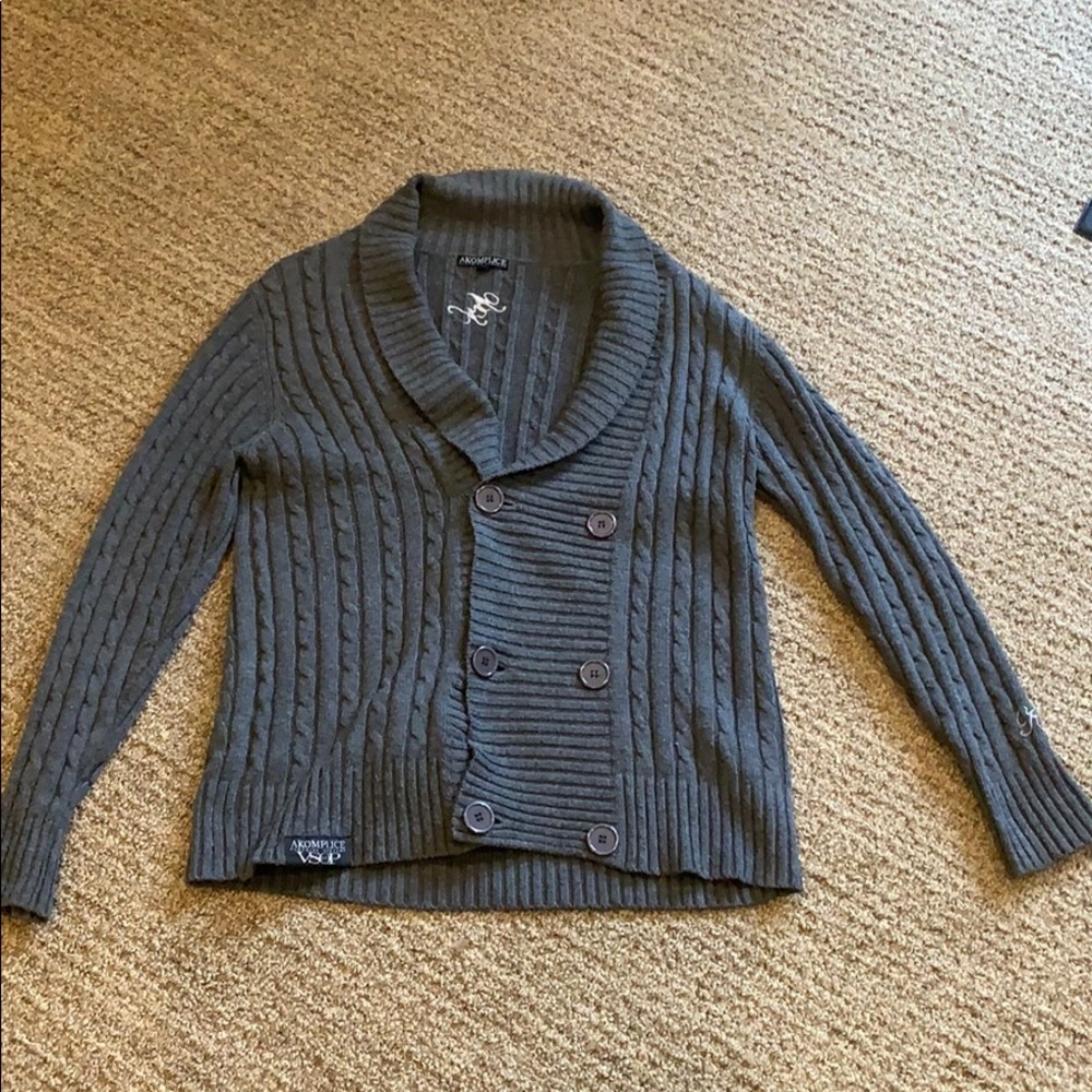 Dark grey cardigan Akomplice Clothing Company.